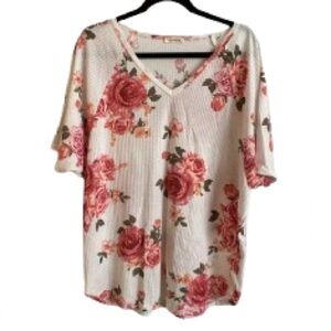 NWOT Viamor Womens Floral V-Neck Short Sleeve Top - Pink Rose -Size L